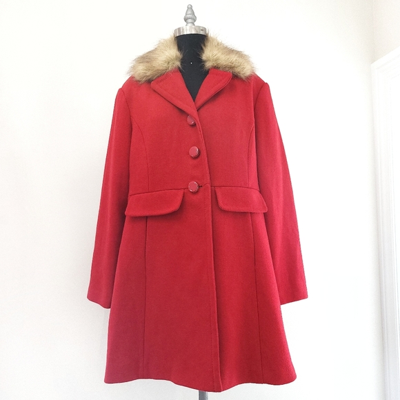 Kate Spade Red Wool Convertable Faux Fur Coat - Picture 2 of 11